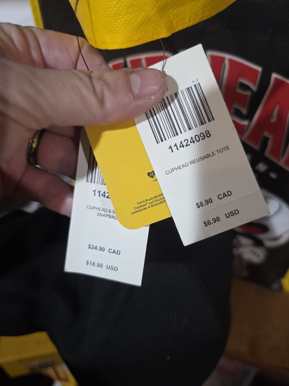 Cuphead Black Tote with Yellow Trim and Matching Black Cap - Picture 3 of 5